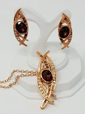 Vintage Rose Gold Tone Brown Crystal Pendant Necklace & Earrings Jewelry Set